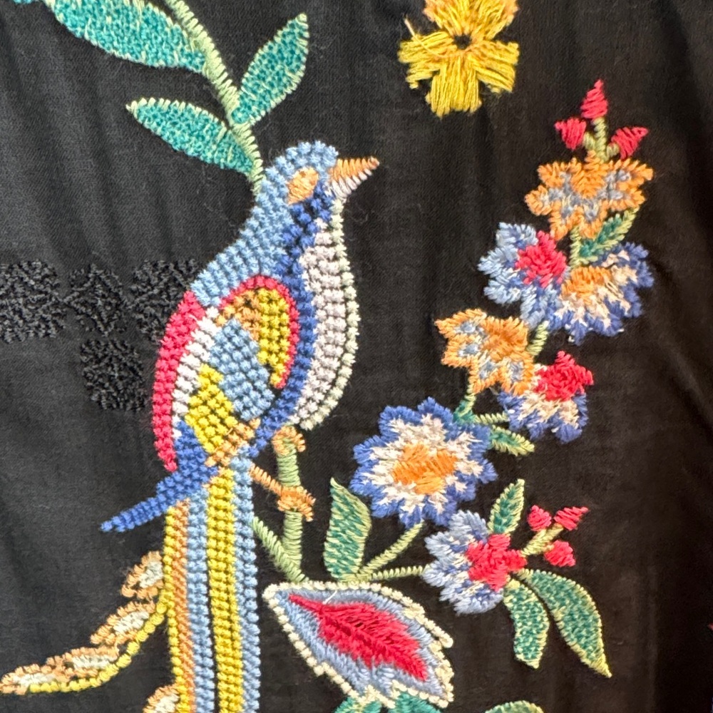 Johnny Was Tie Front Black Top with Colorful Embroidery and Beaded Tassles SZ - Picture 3 of 8